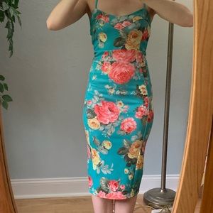 Floral teal midi bodycon dress with slit in back